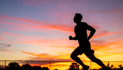 Silhouette of athlete running on track with vibrant sunset sky