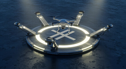 White drone landing on illuminated platform at night