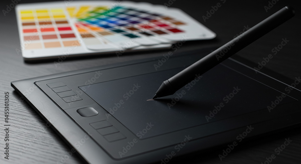 Aufkleber graphic designer working with drawing tablet and color palette