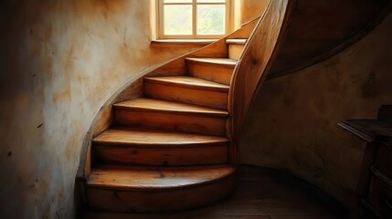 A wooden spiral staircase leads upwards towards a sunlit window in a charming, old building.