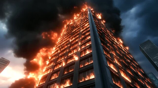 A high-rise fire spirals out of control, flames bursting through the roof, as terrified onlookers watch the destruction unfold from below.