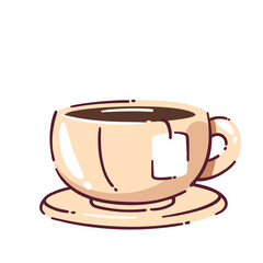 Cute beige tea cup doodle with saucer, featuring a tea bag tag and dark drink inside in modern cartoon style, minimalist and cozy, for stickers, menus, or tea-themed designs.