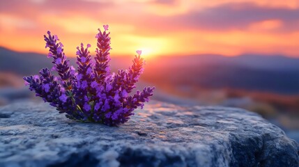 Fototapeta premium Beautiful lavender flowers resting on a stone, bathed in the warm glow of a sunset.