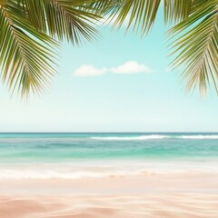Fototapeta premium Tropical Beach with Palm Leaves Framing a Peaceful Ocean View