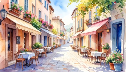 Fototapeta premium Sunny Street Cafe: European Village Watercolor Painting