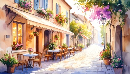Obraz premium Sunny Street Cafe: Watercolor Painting of a Charming European Street Scene