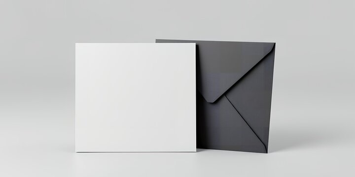 A square white card standing next to a dark gray envelope on a light gray background space