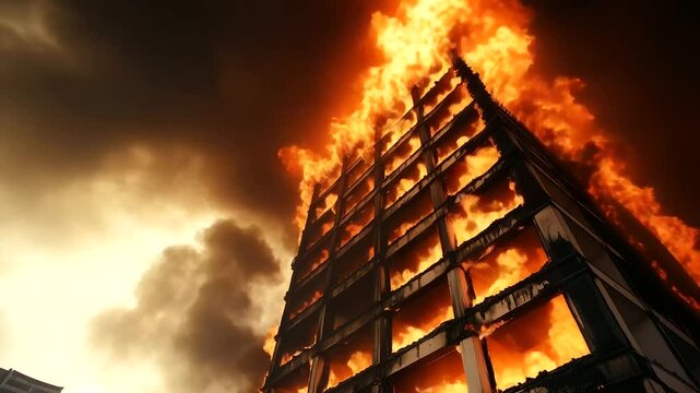 A horrifying scene of a high-rise reduced to a fiery skeleton, with beams collapsing as the intense flames devour everything in their path.