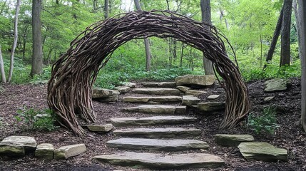 Serene woodland path with a twisted branch archway leading to stone steps art park trees green brown