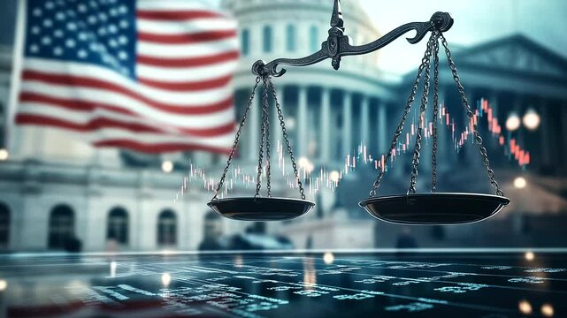 A large balance scale in front of the U.S. Capitol, with an American flag on one side and a volatile stock market graph on the other, symbolizing the financial balancing act.