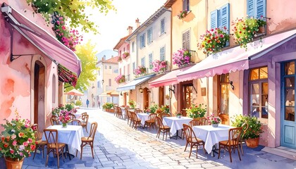 Obraz premium Sunny Street Cafe: Watercolor Painting of European Street Scene
