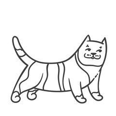 Cartoon doodle cat outline in cute, funny standing pose with stripes and playful expression. Kitten for coloring, stickers, kids art, print, or stamp. Vector illustration.