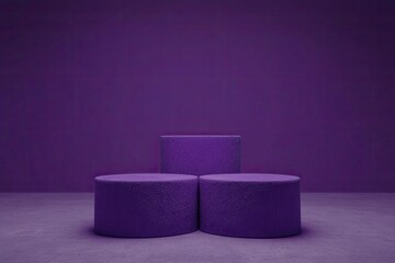 Three tiered, deep purple display podiums against a dark purple wall.  A square podium sits in the center, flanked by two round ones