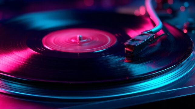 Vinyl record spinning under vivid blue and pink and purple neon lights