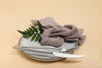 Beautiful table setting with silver cutlery and fresh leaf on beige background, closeup