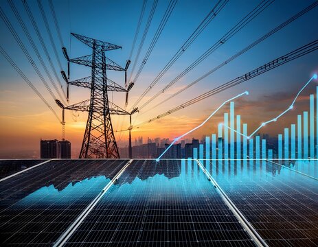 urban energy consumption and power lines with increasing graph against a cityscape at dusk