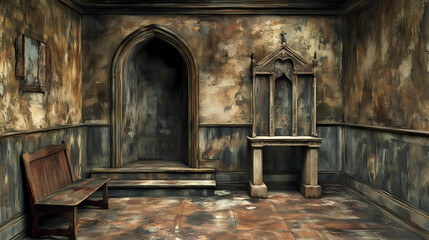 A room with a bench and a small altar. the room is empty and has a very old and worn appearance. [Hollow Monoliths] | Derelict Shrines | abandoned altars. Illustration
