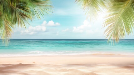 Tropical Beach with Palm Leaves Framing a Peaceful Ocean View