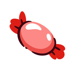 Red wrapped candy with a shiny surface and twisted ends, perfect for sweets lovers. Cute treat for party design, packaging, or menu. Tasty candy in cartoon doodle vector illustration.