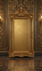 Intricate gold frames adorn rich damask fabric with embossed floral patterns on elegant floors , texture, scroll