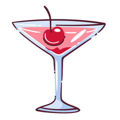 Martini cocktail glass doodle with pink liquid and cherry garnish. This cocktail vector illustration features classic martini glass in outline cartoon style, for bar menus or party stickers.
