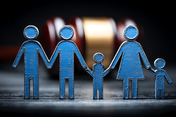 Family Law Concept: Symbolic figures of a family holding hands, with a blurred gavel in the background, representing legal matters involving family issues.