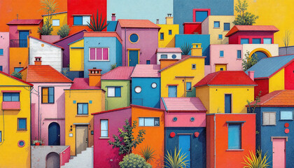 Vibrant Hillside Village of Colorful Houses