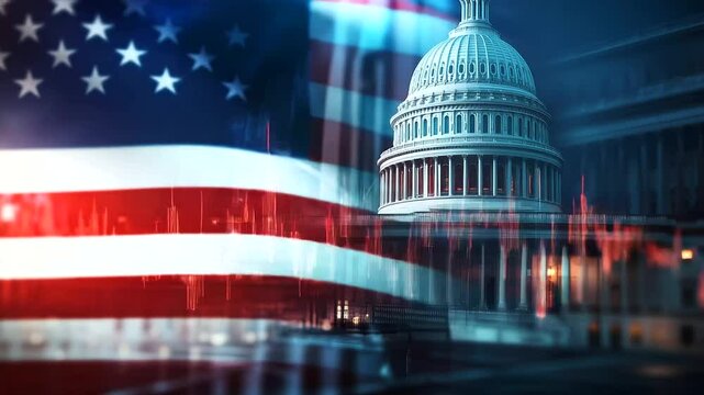 An artistic double-exposure effect blending the U.S. Capitol, the American flag, and a jagged stock graph, seamlessly illustrating the economic challenges tied to the debt ceiling.