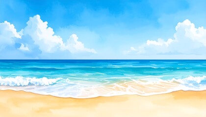 Fototapeta premium Serene Beach Scene: Ocean Waves, Sandy Shore, Blue Sky