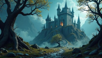 Crumbling castle, gnarled branches, cauldron bubbling, twisted, bog, green