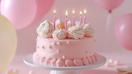 Delicious pink birthday cake with candles and balloons festive sweet treat celebration yum food rose