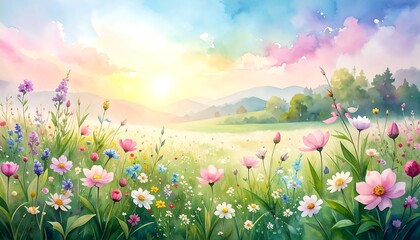 Fototapeta premium Sunset Meadow: Vibrant Wildflowers in a Serene Landscape