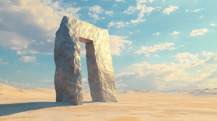 A solitary rock formation rises from the desert floor, open, rock. [Hollow Monoliths] | Monolithic Maze | endless stone. Illustration