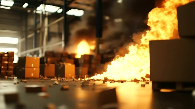 The overwhelming heat of a warehouse fire warps metal and ignites boxes instantly, the close-up highlighting the unstoppable destruction.