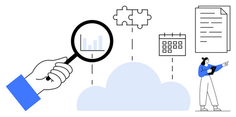 Hand magnifying bar graph, cloud connecting to puzzle pieces, calendar, and document. Person pointing for analysis. Ideal for research, collaboration, cloud storage, scheduling strategy education