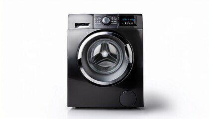 a sleek and contemporary matte black washing machine against a crisp white backdrop