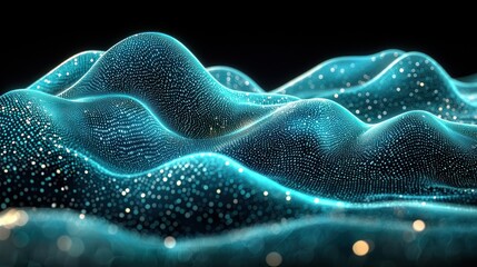 Glowing blue terrain. Dots, waves, lights, dark background