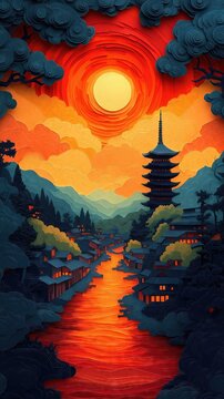 Papercut Paper Cut Kyoto Gion Pagoda Japan Travel Scen ic Landscape Destination Phone Mobile Background Wallpaper Art Illustration