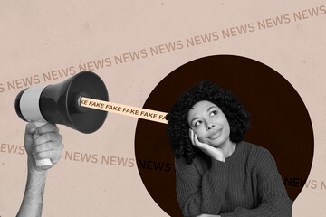 Zine full artwork pop collage of happy puzzled girl listen fake news propaganda fishing spam...