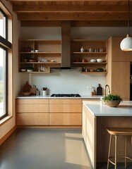 Fototapeta premium open concept kitchen, modern and industrial, warm wood accents