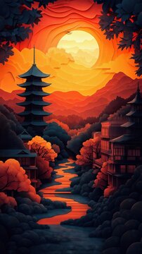 Papercut Paper Cut Kyoto Gion Pagoda Japan Travel Scen ic Landscape Destination Phone Mobile Background Wallpaper Art Illustration