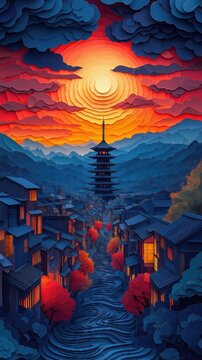 Papercut Paper Cut Kyoto Gion Pagoda Japan Travel Scen ic Landscape Destination Phone Mobile Background Wallpaper Art Illustration