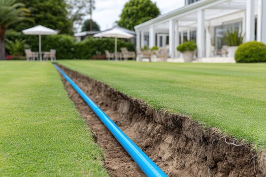 Blue pipe laid in a shallow trench across a lawn, with a white building and patio furniture in the background, suggesting an irrigation system installation.