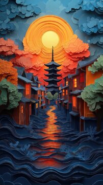 Papercut Paper Cut Kyoto Gion Pagoda Japan Travel Scen ic Landscape Destination Phone Mobile Background Wallpaper Art Illustration