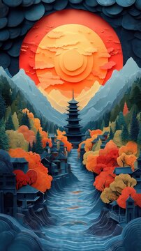 Papercut Paper Cut Kyoto Gion Pagoda Japan Travel Scen ic Landscape Destination Phone Mobile Background Wallpaper Art Illustration