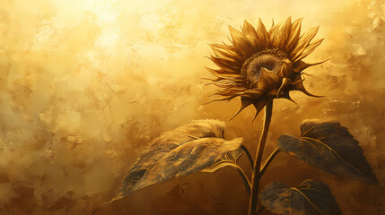 A young sunflower's gentle emergence in a dusty, golden haze. [Gilded Mechanica] | Bronze Bloom | antique flora. Illustration