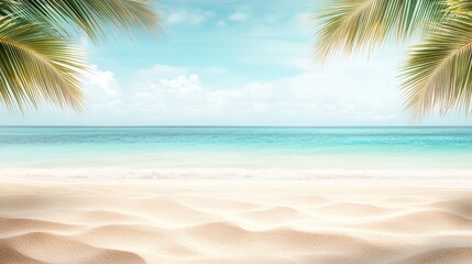 Fototapeta premium Tropical Beach with Palm Leaves Framing a Peaceful Ocean View