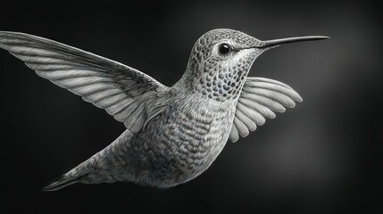 Fototapeta premium A monochrome image depicts a hummingbird mid-flight, with spread-open wings
