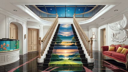 Architectural illustration of a modern home interior entrance feature a phoenix bird wall sculpture above a red sofa, fish tank, marble floors, and a staircase with a scenic nature design