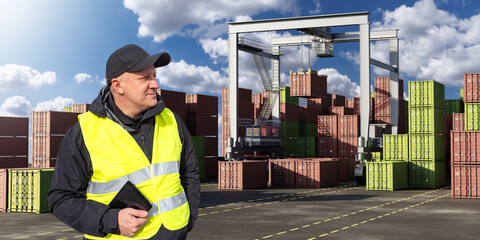Man in containers port. Worker monitors unloading of containers. Man customs officer near sea...